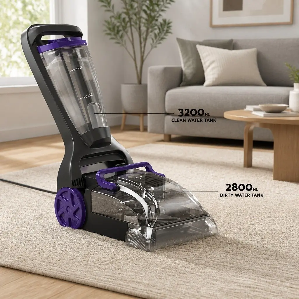 Carpet Washer Vacuum Cleaner Purple Grey 800W Dual Tank System Flexible Stick Movement