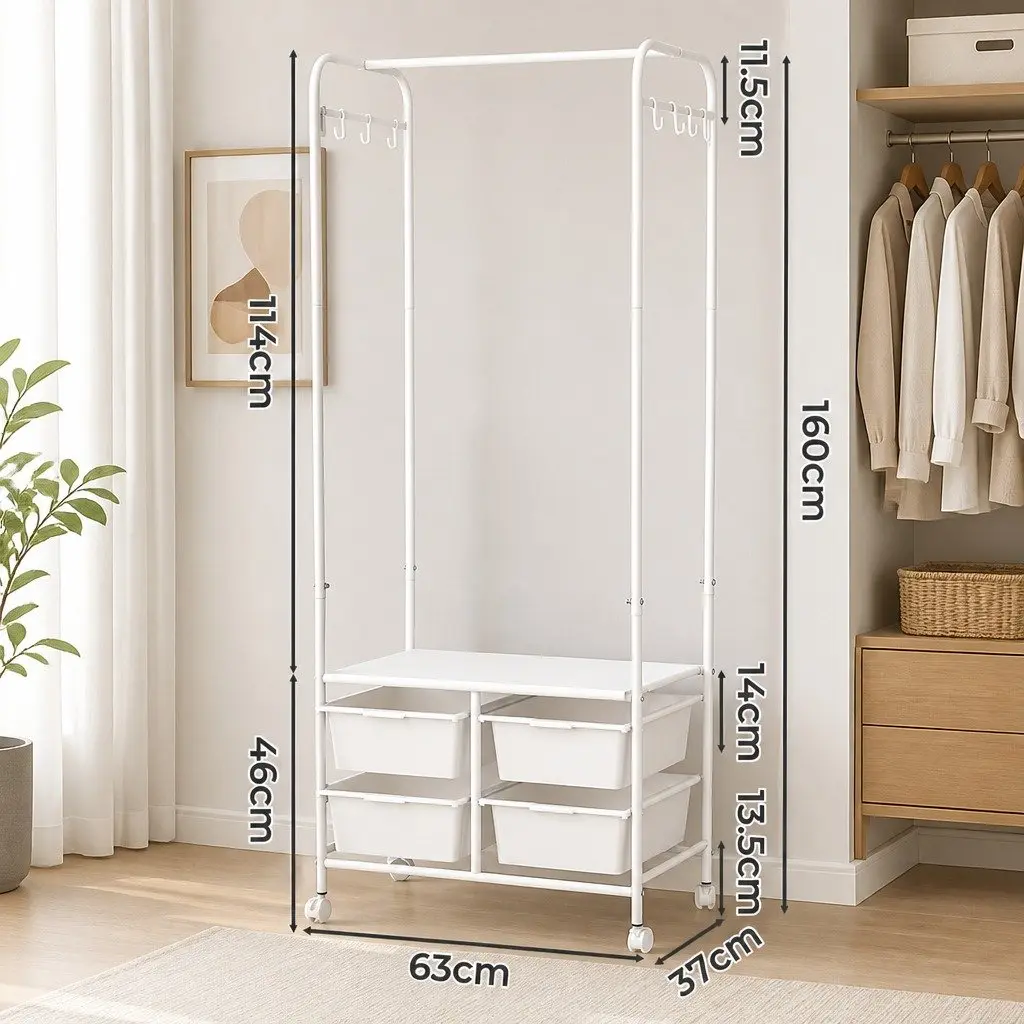 Clothes Rack White 63CM Horizontal Bar Storage Boxes Side Hooks Shoe Shelf