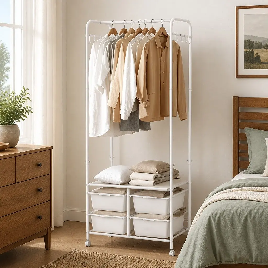 Clothes Rack White 63CM Horizontal Bar Storage Boxes Side Hooks Shoe Shelf