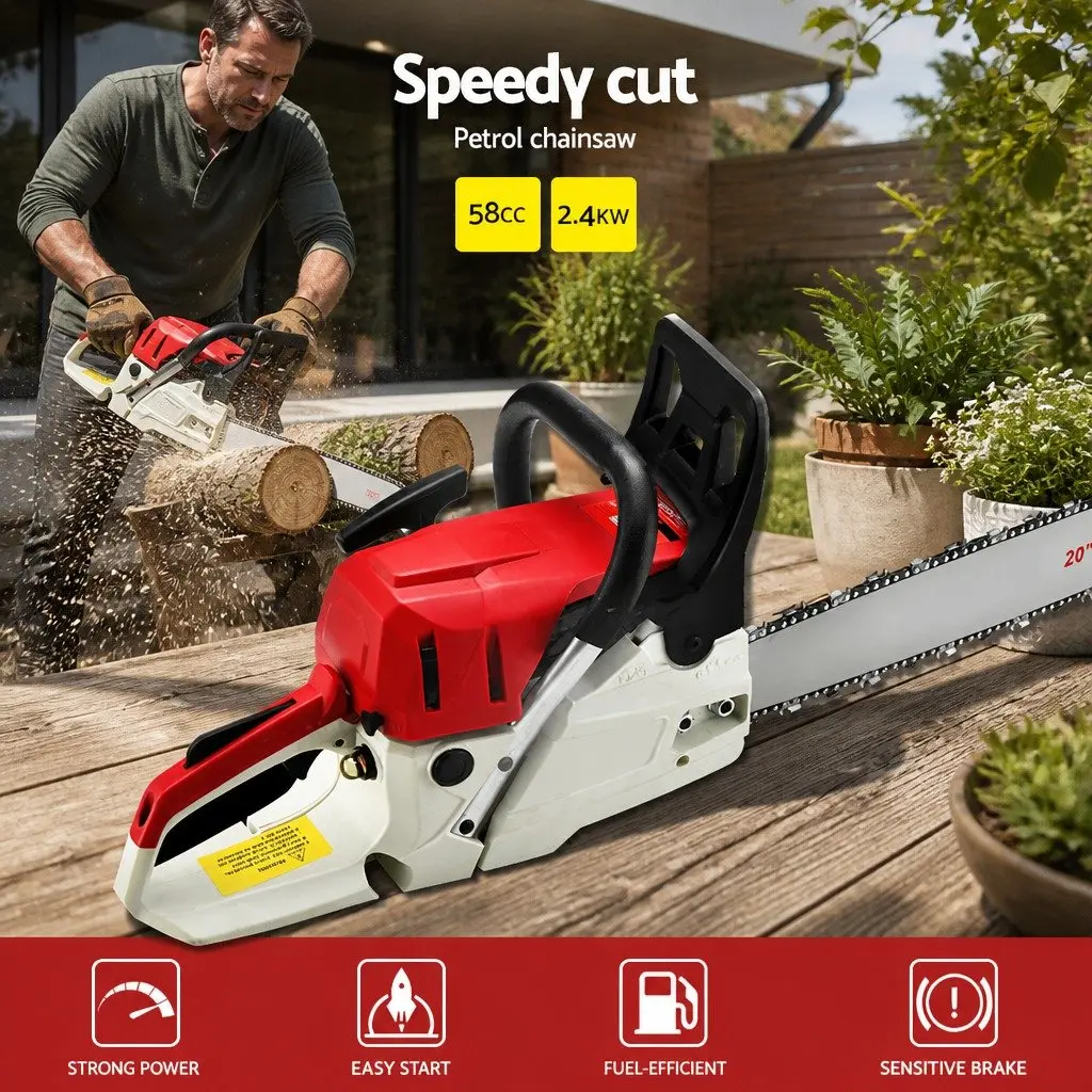 58cc Petrol Chainsaw 20 Inch Bar 2 Stroke E-Start Tree Pruner Cutting Tool