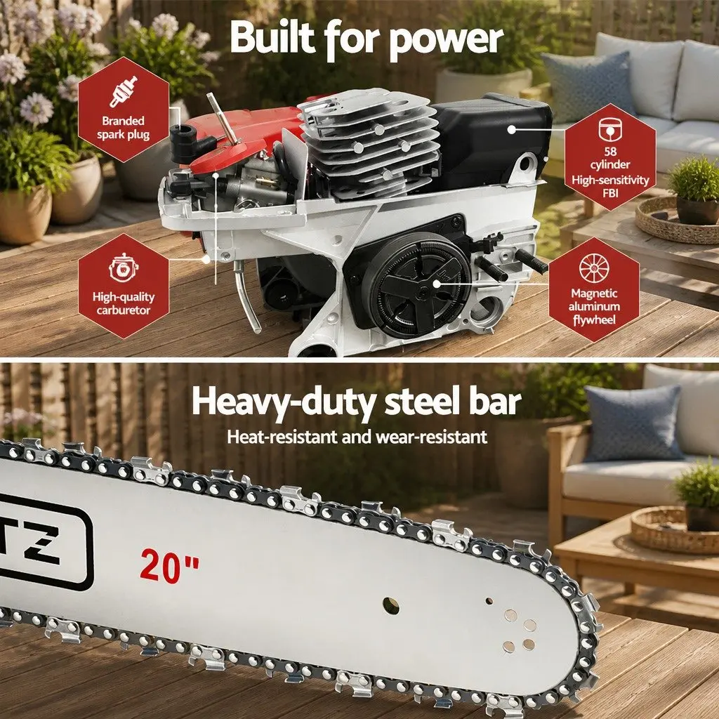58cc Petrol Chainsaw 20 Inch Bar 2 Stroke E-Start Tree Pruner Cutting Tool