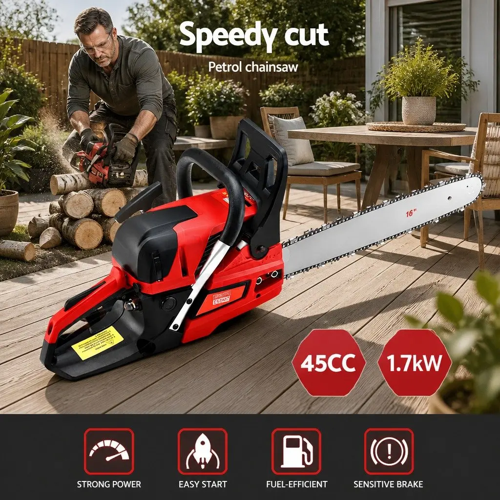 Chainsaw Red Black 16" 45CC 1.7kW 2-Stroke E-Start for Pruning Felling Cutting Logs