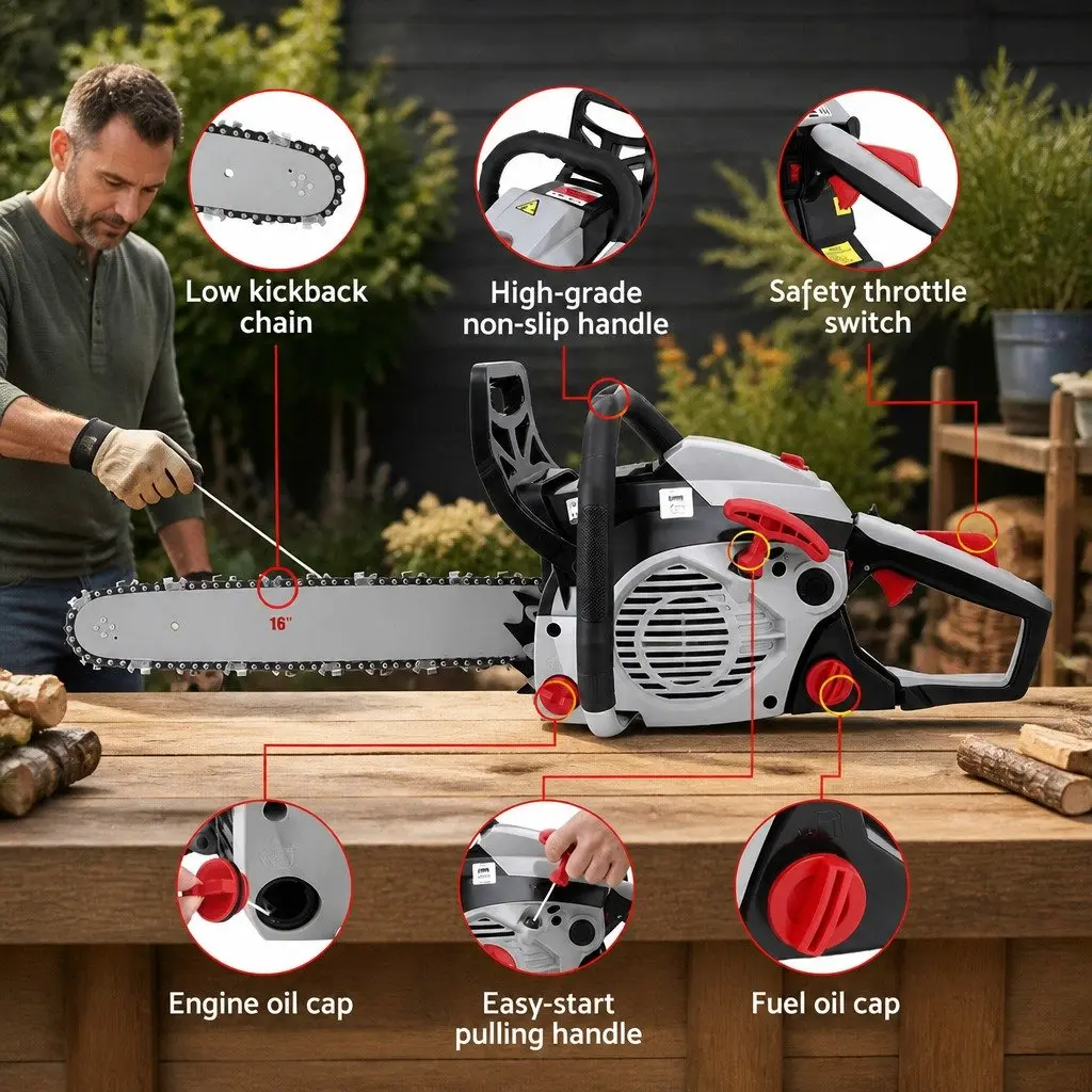 Petrol Chainsaw Red 16 Inch 42CC Lightweight Power Tool