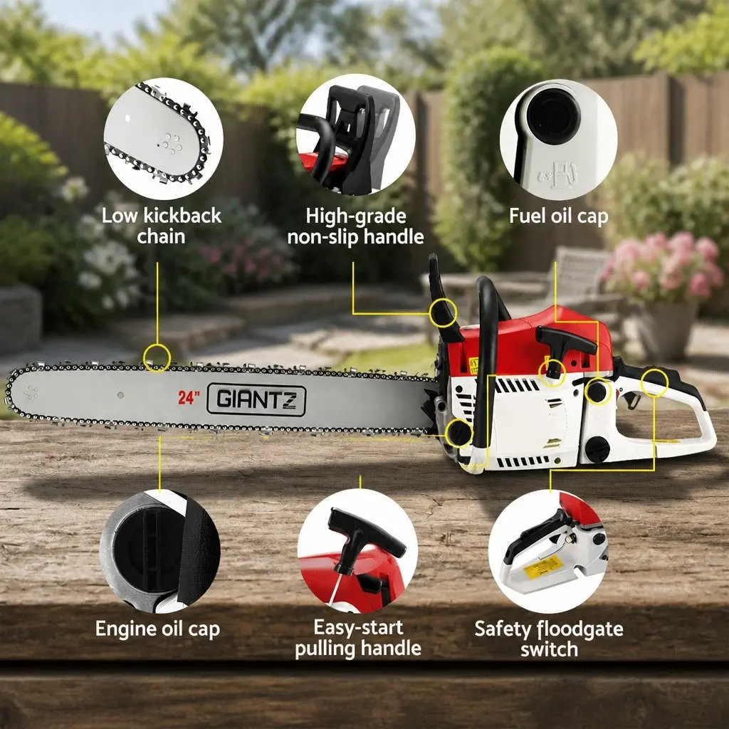 Petrol Chainsaw Red 62cc 24 Inch E-Start High-Power Cutting Tool