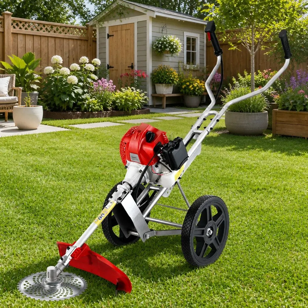 52cc Petrol Brush Cutter Red 3-in-1 Wheeled Trimmer Saw Lightweight 2-Stroke
