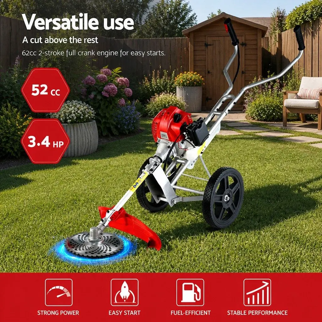 52cc Petrol Brush Cutter Red 3-in-1 Wheeled Trimmer Saw Lightweight 2-Stroke