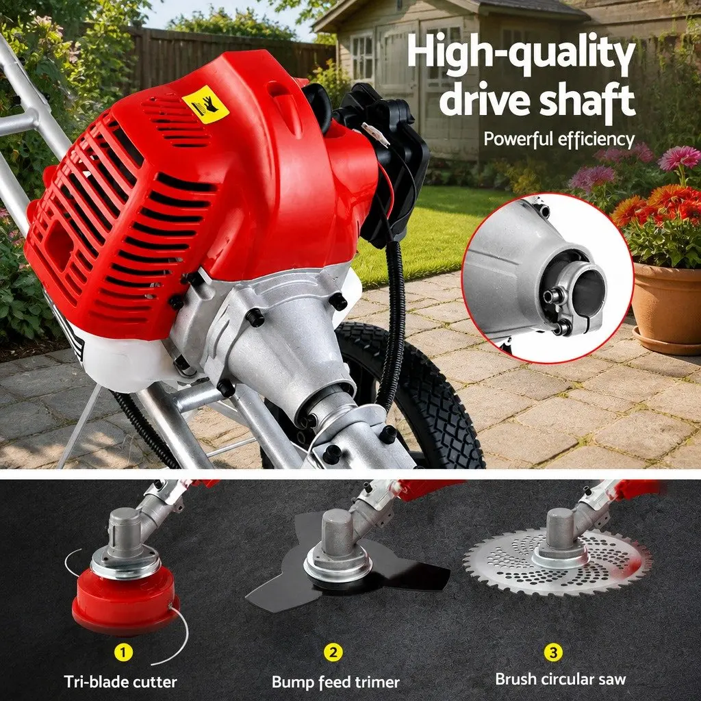 52cc Petrol Brush Cutter Red 3-in-1 Wheeled Trimmer Saw Lightweight 2-Stroke