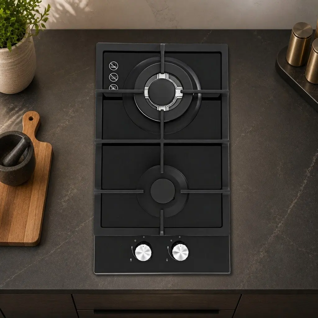 Gas Cooktop 30cm 2 Burner Built-in Stove Glass Cook Top NG LPG Wok Burner