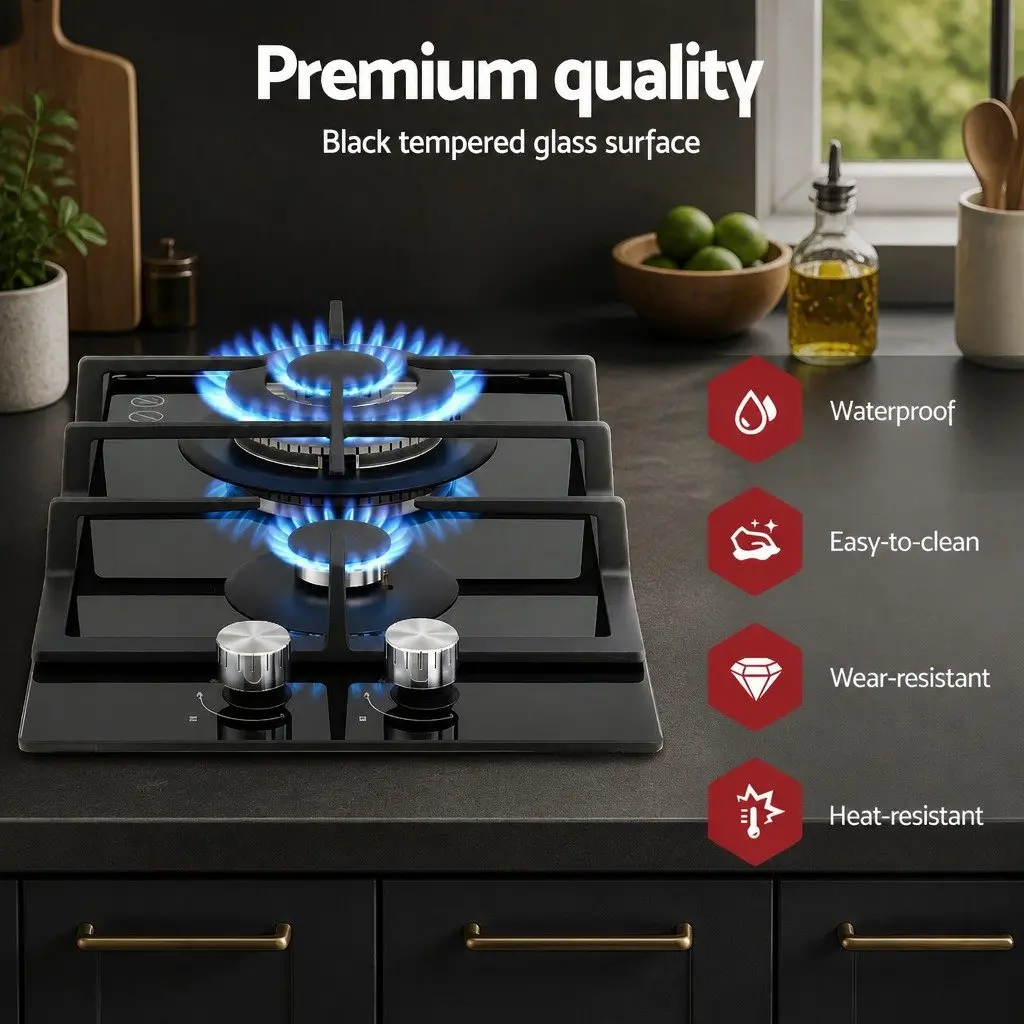 Gas Cooktop 30cm 2 Burner Built-in Stove Glass Cook Top NG LPG Wok Burner