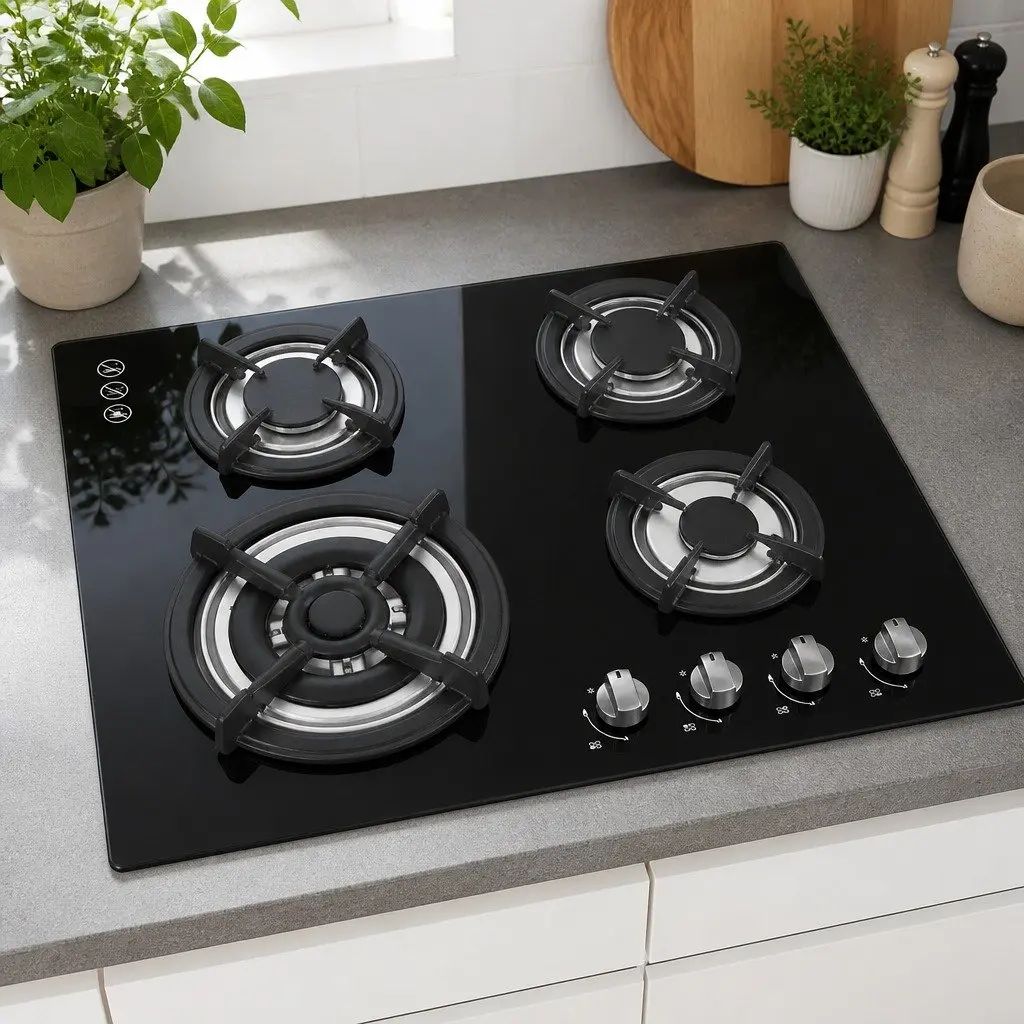 Gas Cooktop 60cm 4 Burner Built-in Black Tempered Glass Knob Control Kitchen