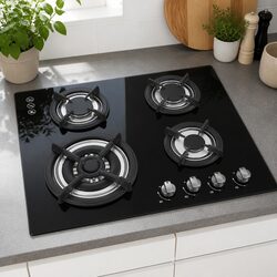 Gas Cooktop 60cm 4 Burner Built-in Black Tempered Glass Knob Control Kitchen