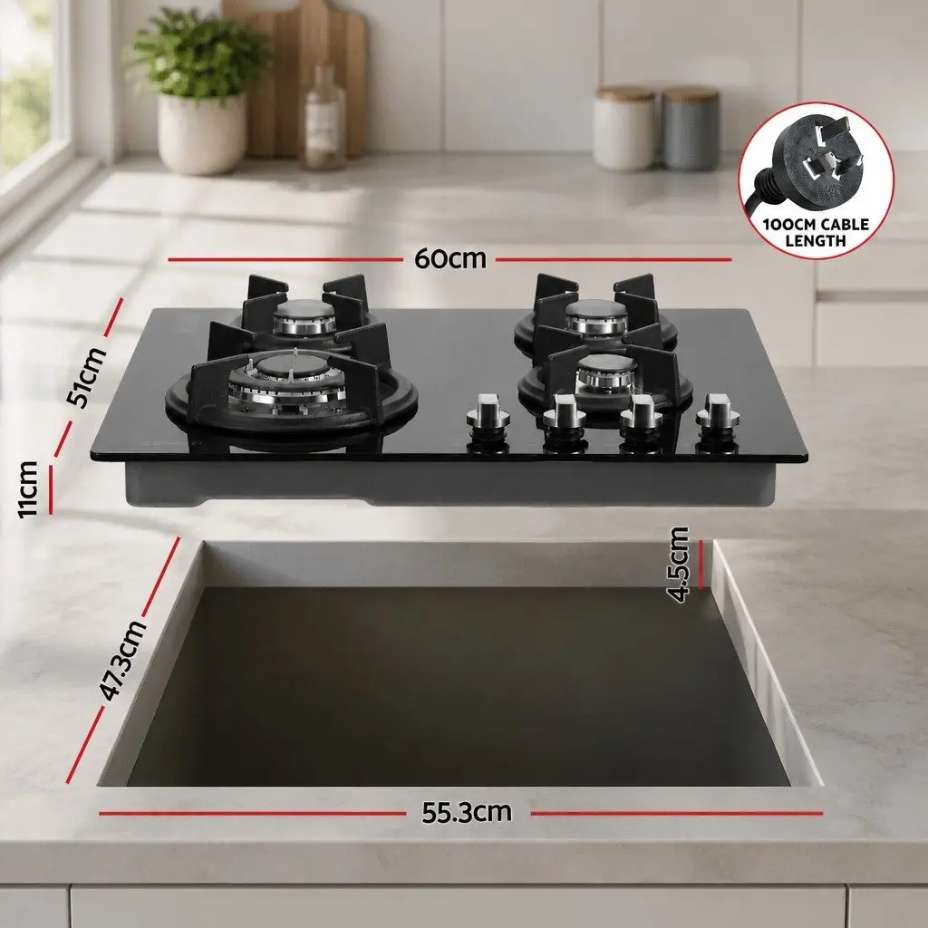 Gas Cooktop 60cm 4 Burner Built-in Black Tempered Glass Knob Control Kitchen