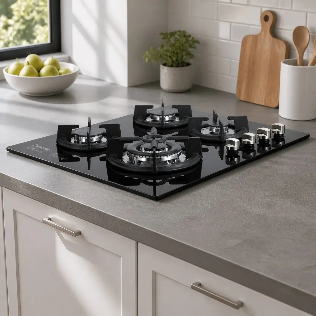 Gas Cooktop 60cm 4 Burner Built-in Black Tempered Glass Knob Control Kitchen