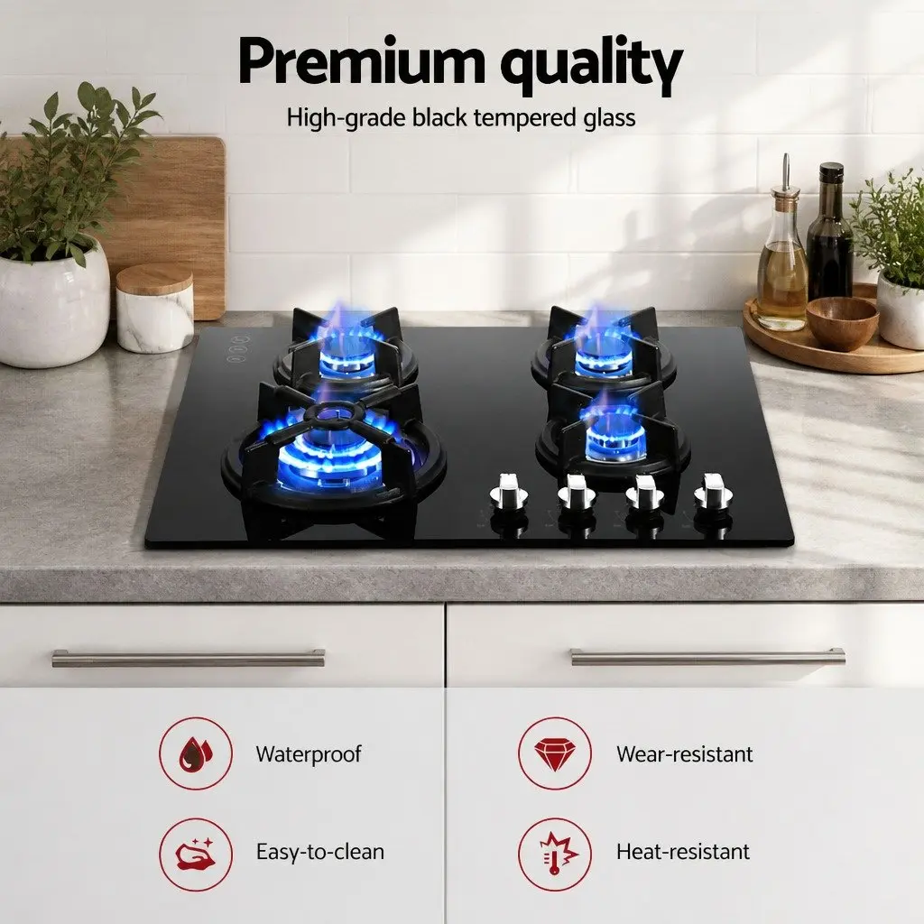 Gas Cooktop 60cm 4 Burner Built-in Black Tempered Glass Knob Control Kitchen