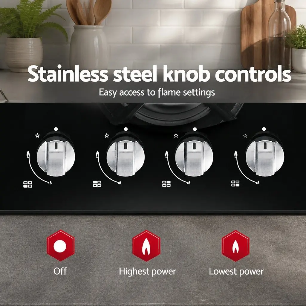 Gas Cooktop 60cm 4 Burner Built-in Black Tempered Glass Knob Control Kitchen