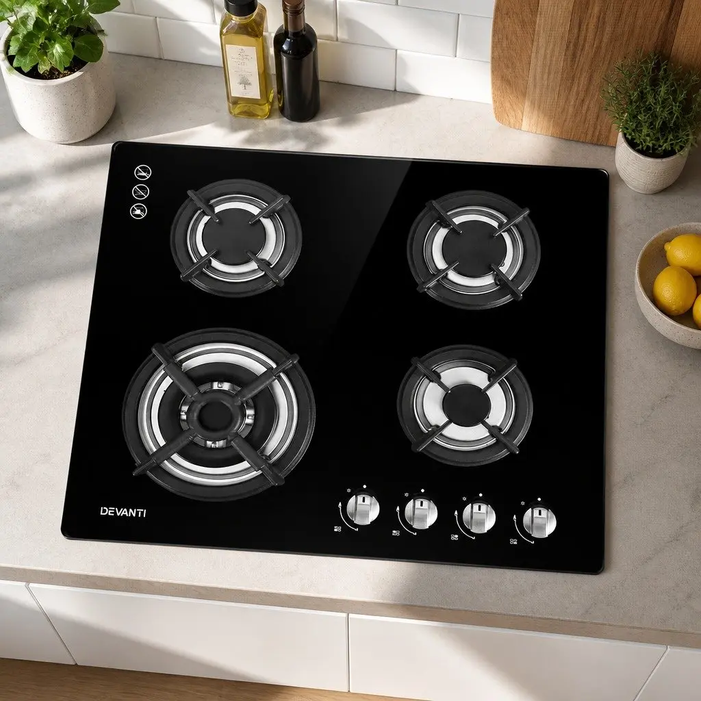 Gas Cooktop 60cm 4 Burner Built-in Black Tempered Glass Knob Control Kitchen