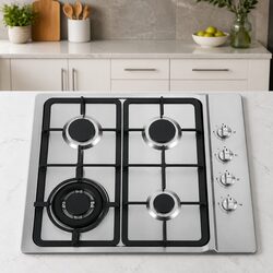 60cm Gas Cooktop 4 Burner Built-in Hob Stainless Steel Stove Knob Silver