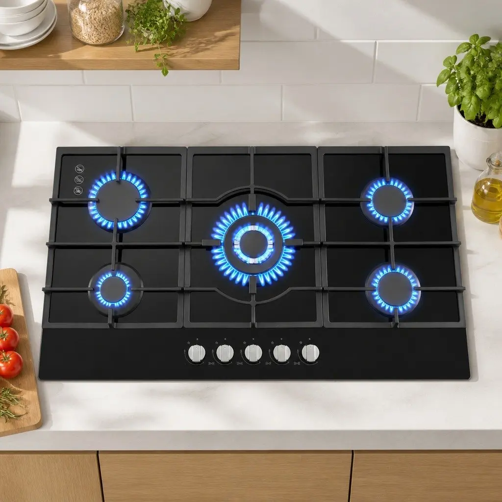 Gas Cooktop 90cm 5 Burner Built-In LPG NG Black Tempered Glass Hob