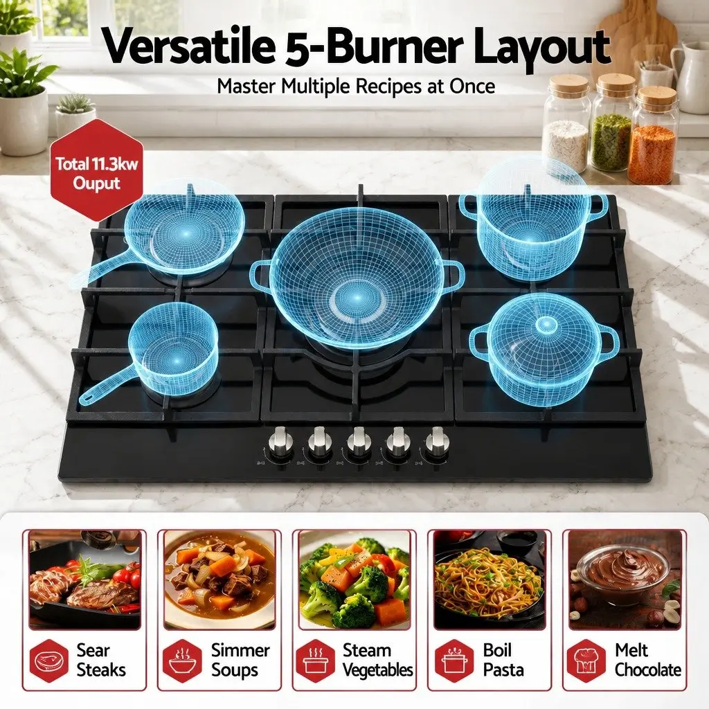 Gas Cooktop 90cm 5 Burner Built-In LPG NG Black Tempered Glass Hob