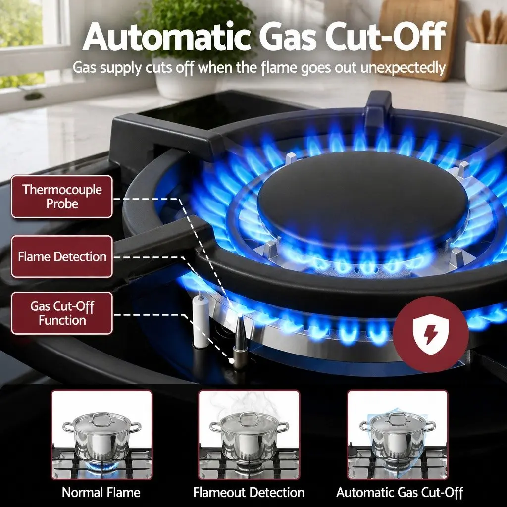 Gas Cooktop 90cm 5 Burner Built-In LPG NG Black Tempered Glass Hob