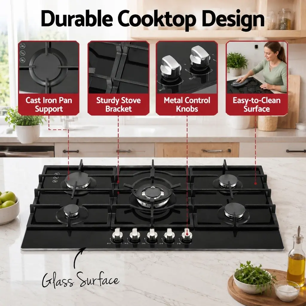 Gas Cooktop 90cm 5 Burner Built-In LPG NG Black Tempered Glass Hob