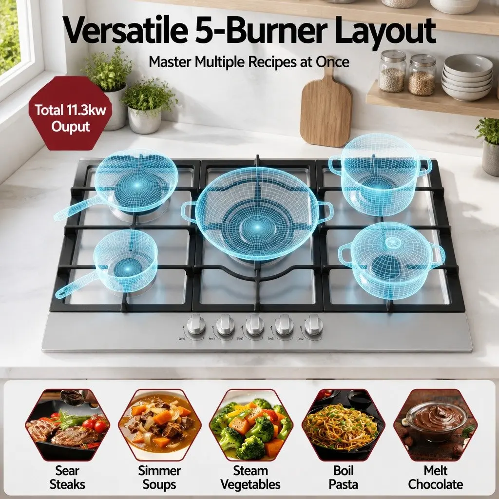 Gas Cooktop 90cm 5 Burner Built-in Hob LPG Natural Gas Stainless Steel Silver
