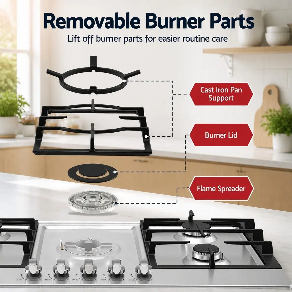 Gas Cooktop 90cm 5 Burner Built-in Hob LPG Natural Gas Stainless Steel Silver
