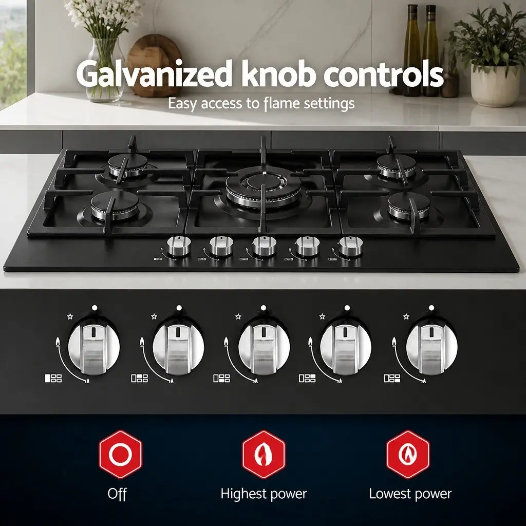 Gas Cooktop 90cm 5 Burner Built-in Stove Black Tempered Glass Kitchen Cooking
