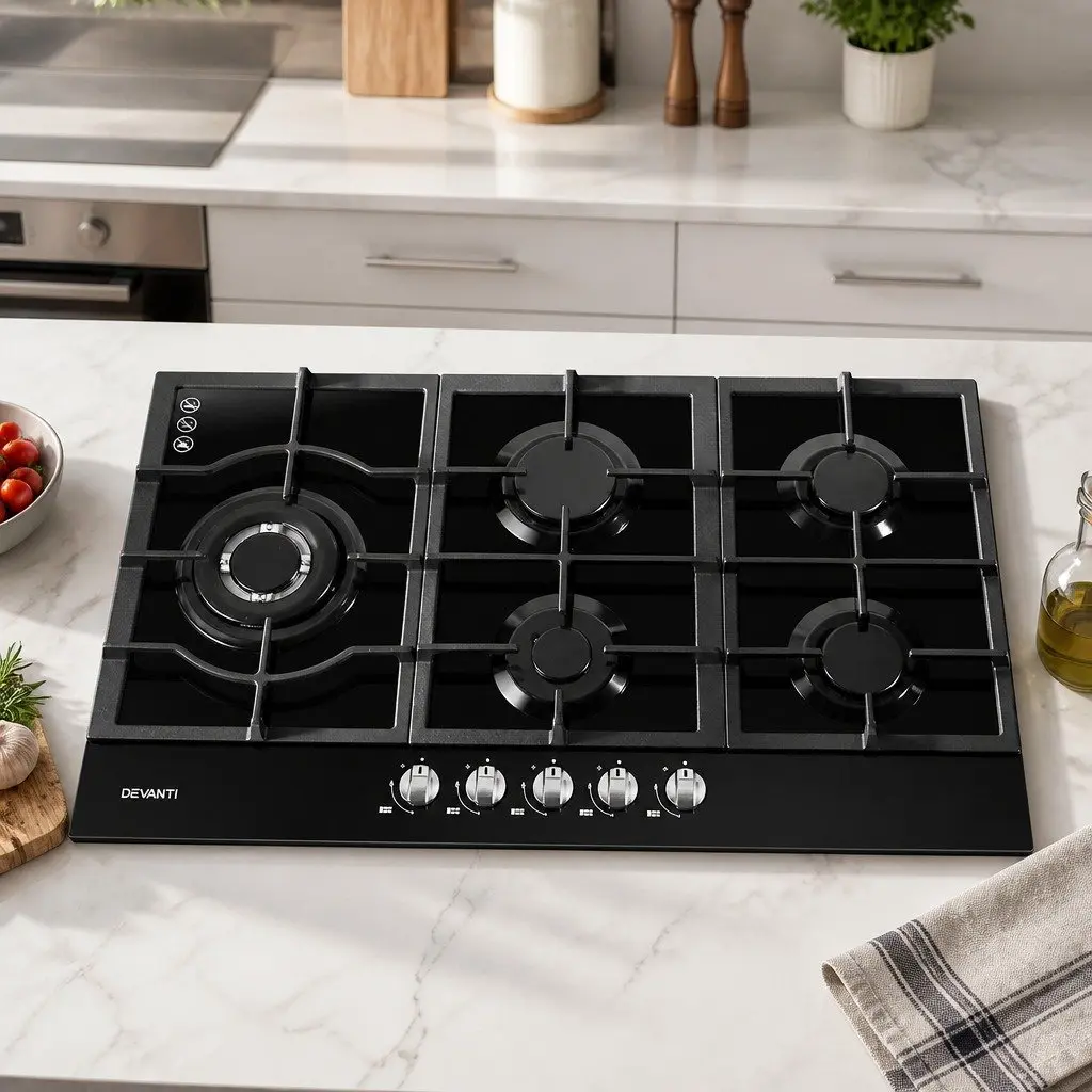 Gas Cooktop 90cm 5 Burner Built-in Stove Black Tempered Glass Kitchen Cooking