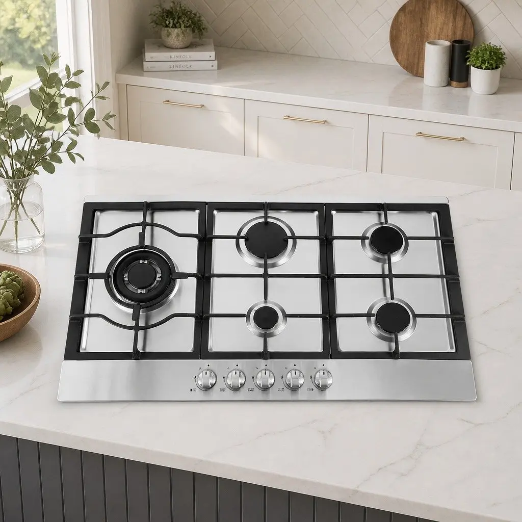 90cm Gas Cooktop 5 Burner Stainless Steel Silver Kitchen Stove LPG Natural Gas