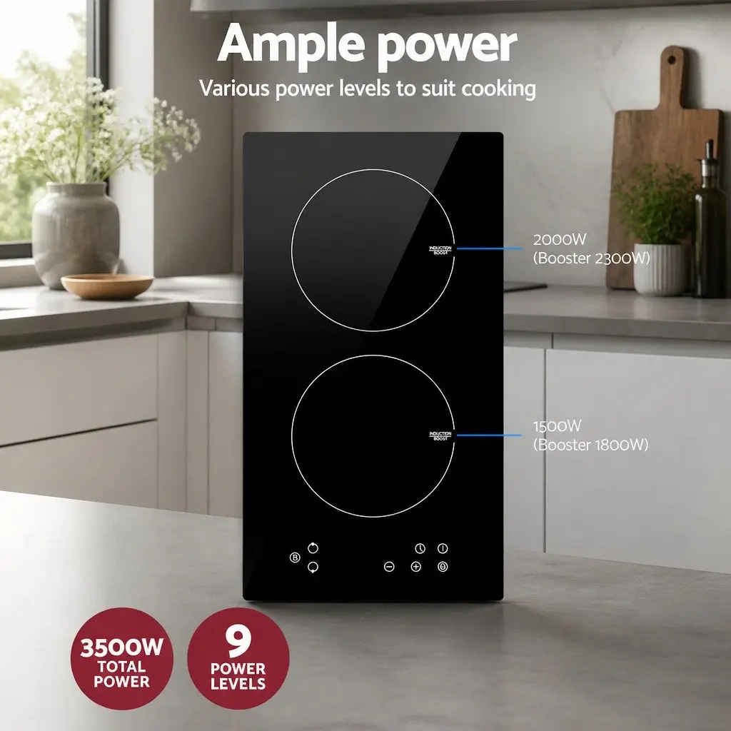 Induction Cooktop 30cm 2 Cooking Zones Electric Stove Black Glass Touch Control