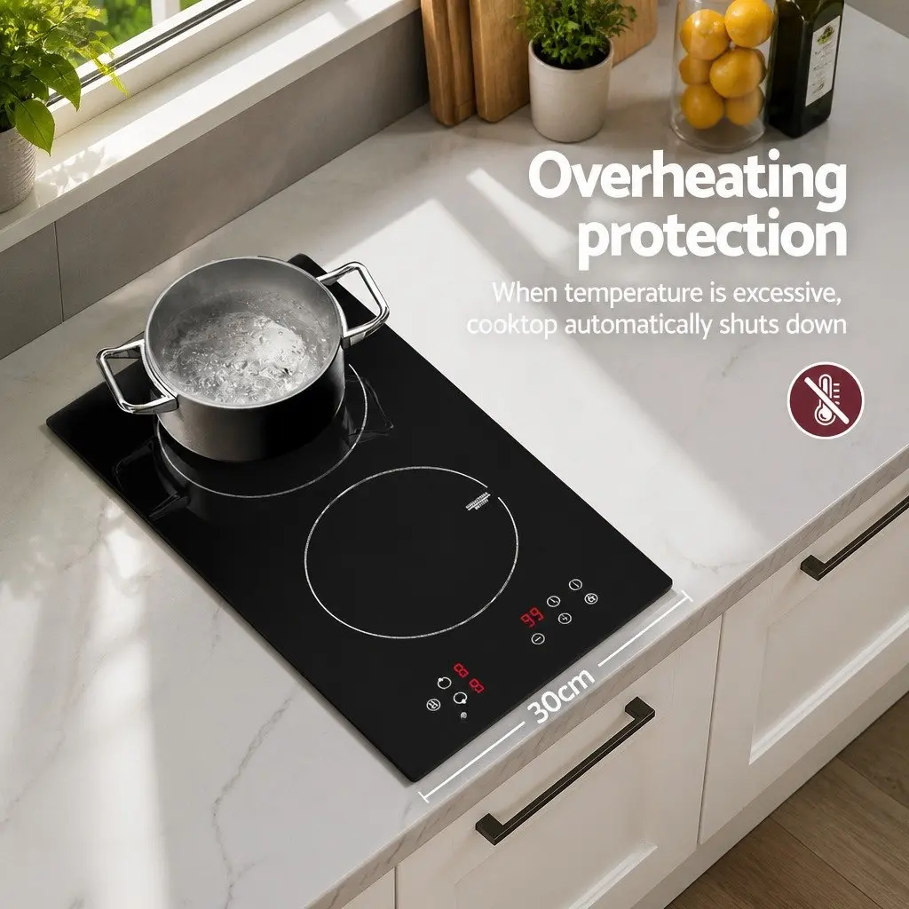 Induction Cooktop 30cm 2 Cooking Zones Electric Stove Black Glass Touch Control