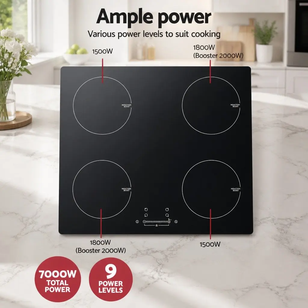 Induction Cooktop Black 60cm 4 Cooking Zones Touch Control High-Grade Ceramic Glass Surface