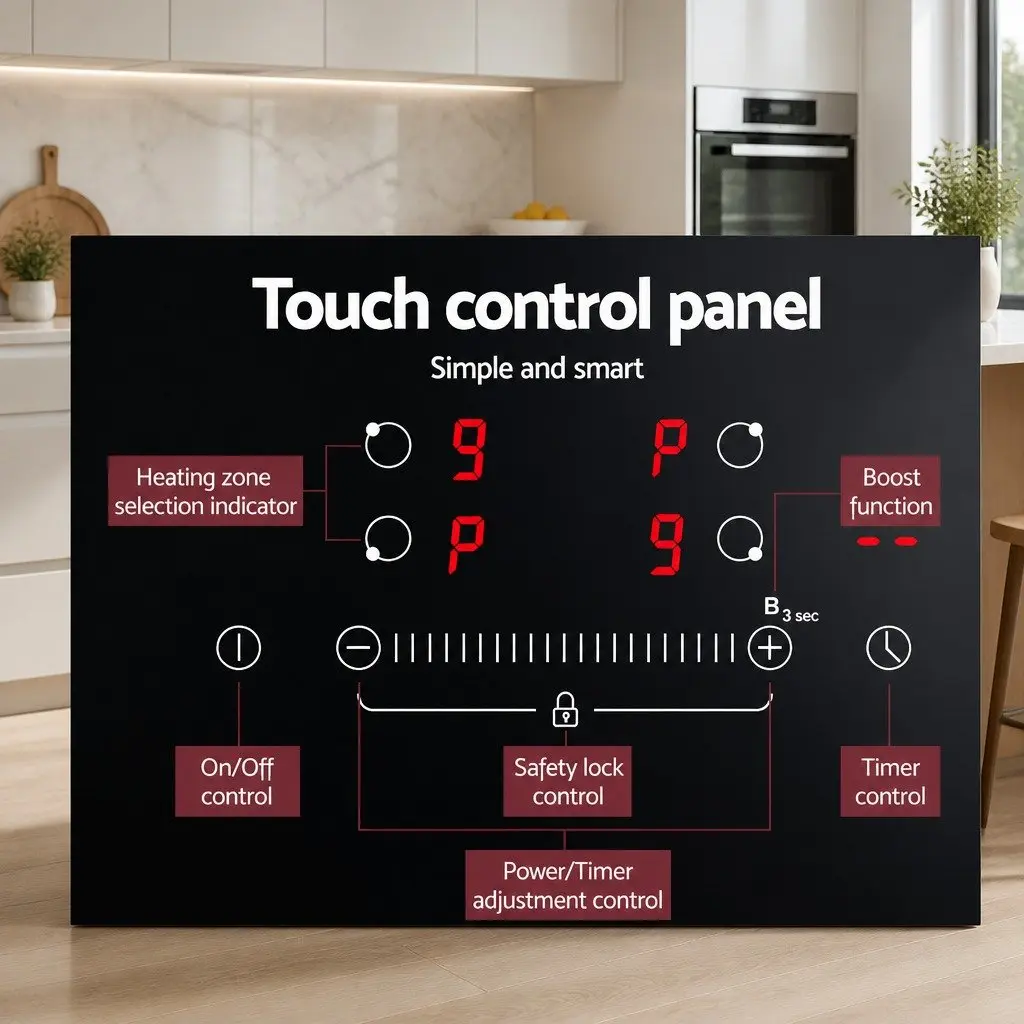 Induction Cooktop Black 60cm 4 Cooking Zones Touch Control High-Grade Ceramic Glass Surface