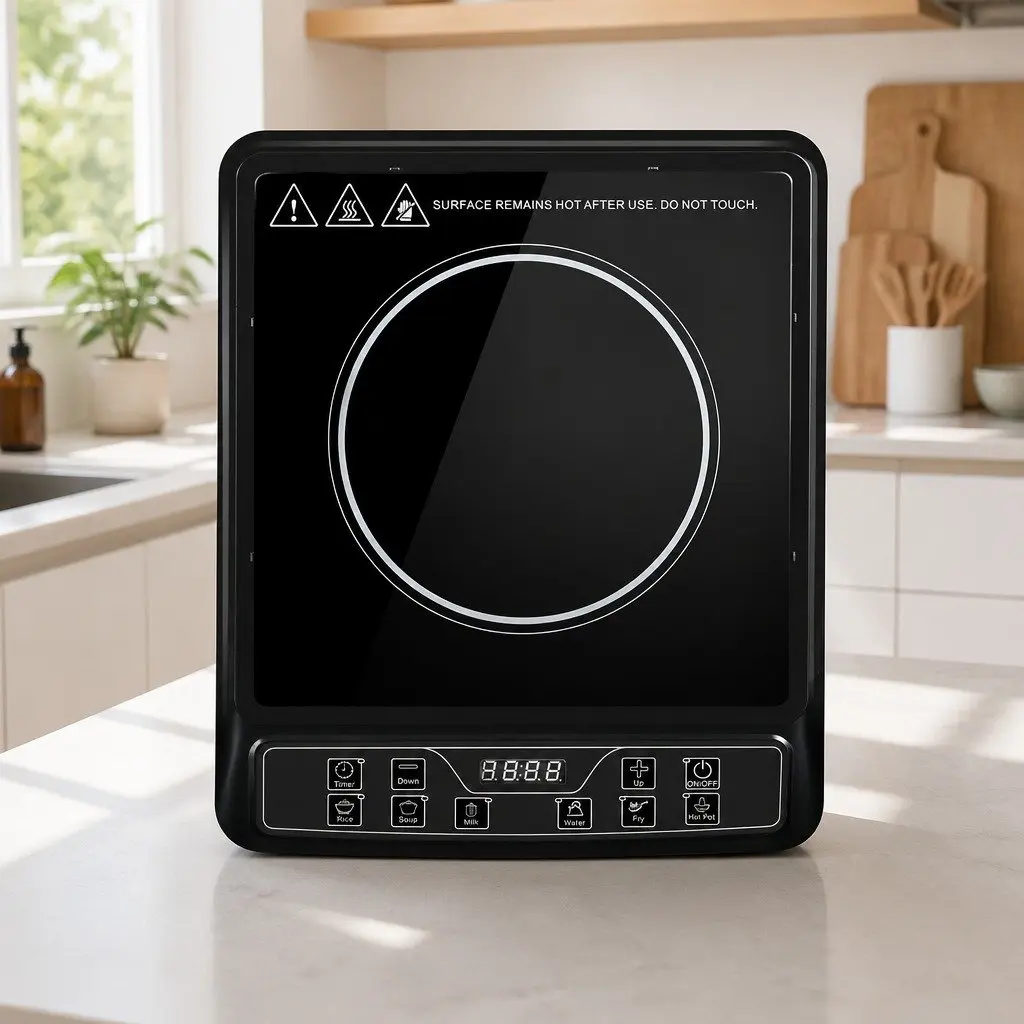 Induction Cooktop Black 30cm Single Burner Portable Electric Cooker 2000W with Digital LED Controls 6 Cooking Modes Auto Shut-off Overheat Protection