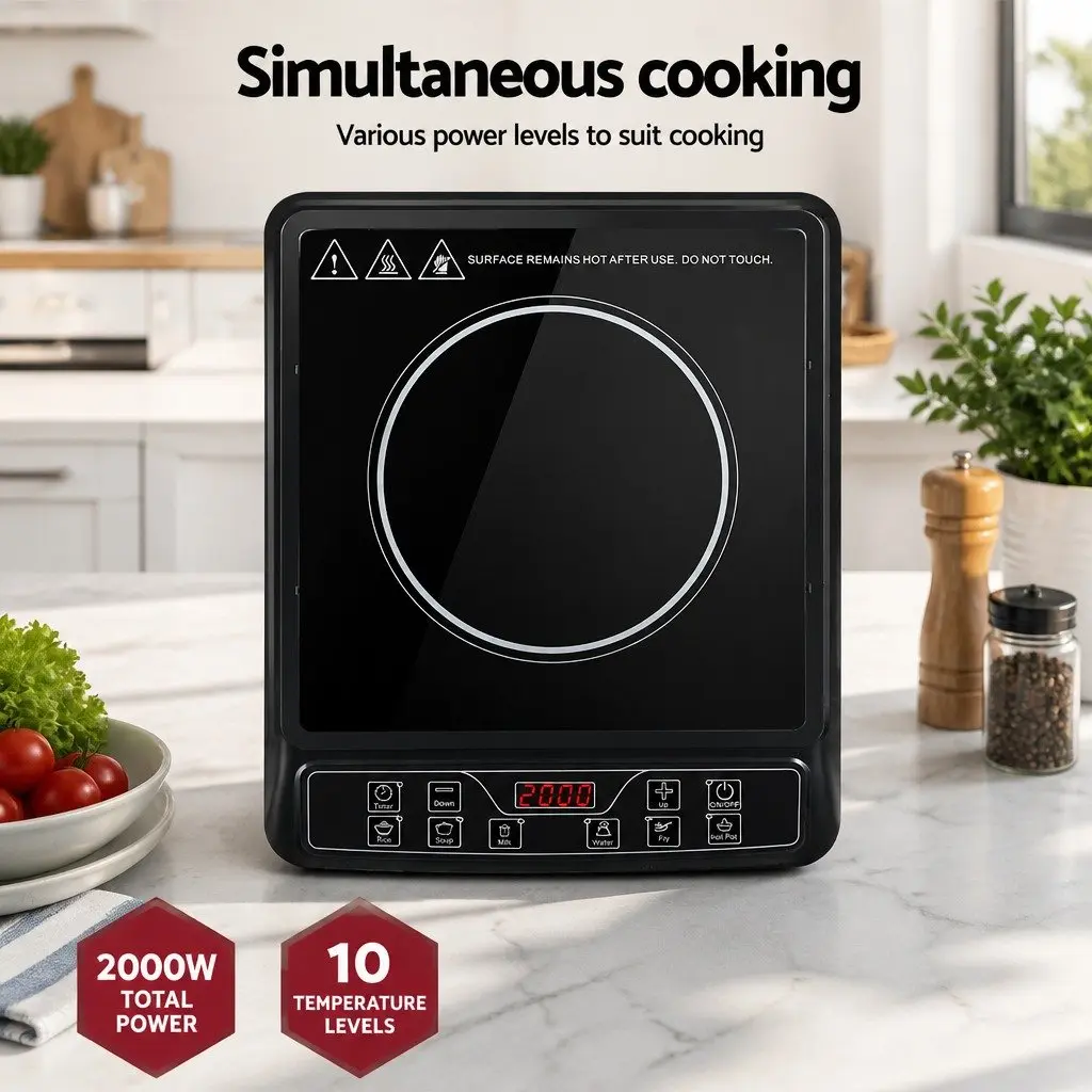 Induction Cooktop Black 30cm Single Burner Portable Electric Cooker 2000W with Digital LED Controls 6 Cooking Modes Auto Shut-off Overheat Protection