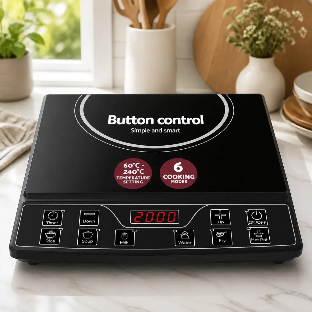 Induction Cooktop Black 30cm Single Burner Portable Electric Cooker 2000W with Digital LED Controls 6 Cooking Modes Auto Shut-off Overheat Protection