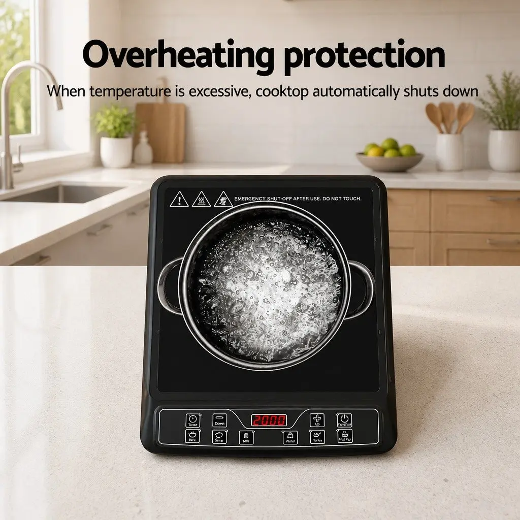 Induction Cooktop Black 30cm Single Burner Portable Electric Cooker 2000W with Digital LED Controls 6 Cooking Modes Auto Shut-off Overheat Protection