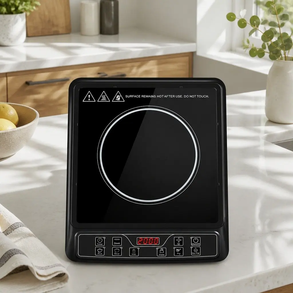 Induction Cooktop Black 30cm Single Burner Portable Electric Cooker 2000W with Digital LED Controls 6 Cooking Modes Auto Shut-off Overheat Protection