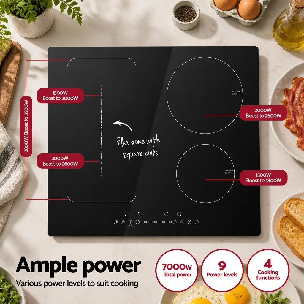 Induction Cooktop Black 60cm 4 Zone Touch Control Flexible Cooking Zones