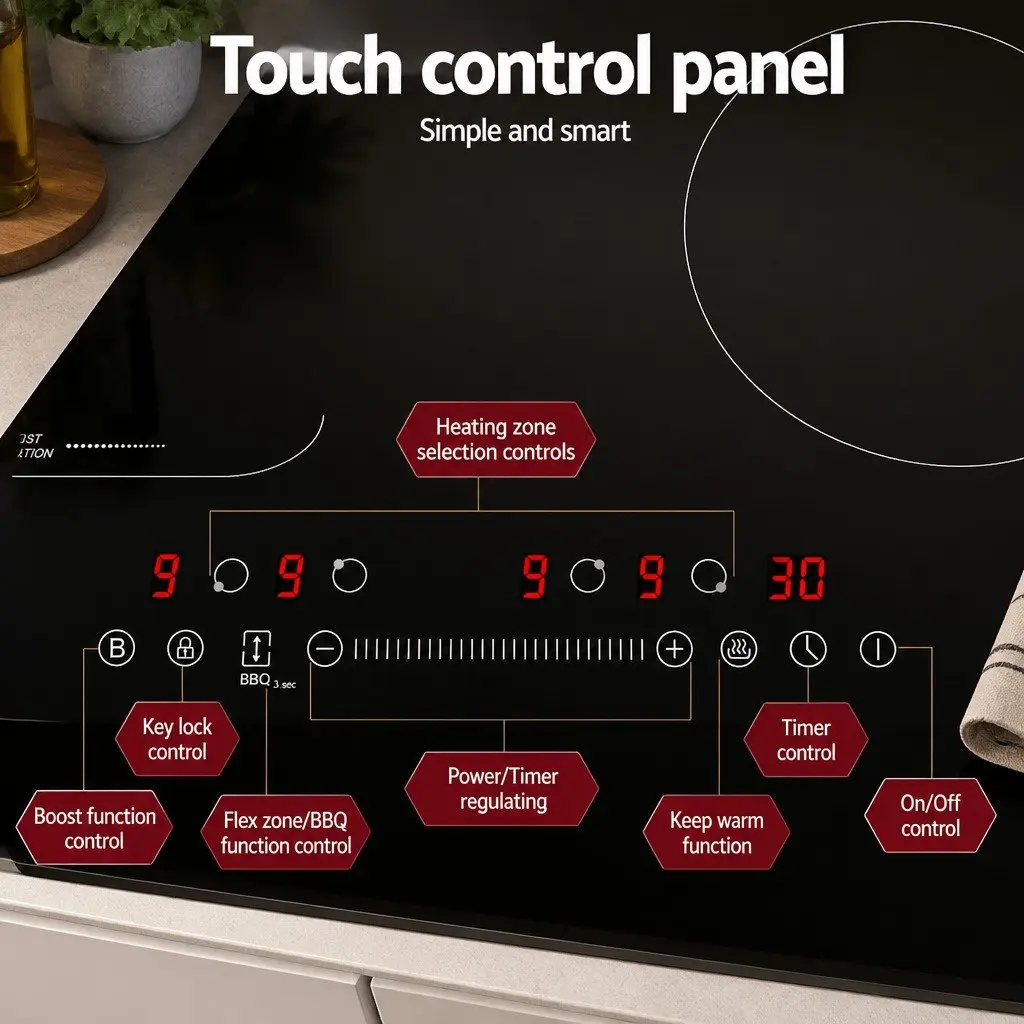 Induction Cooktop Black 60cm 4 Zone Touch Control Flexible Cooking Zones