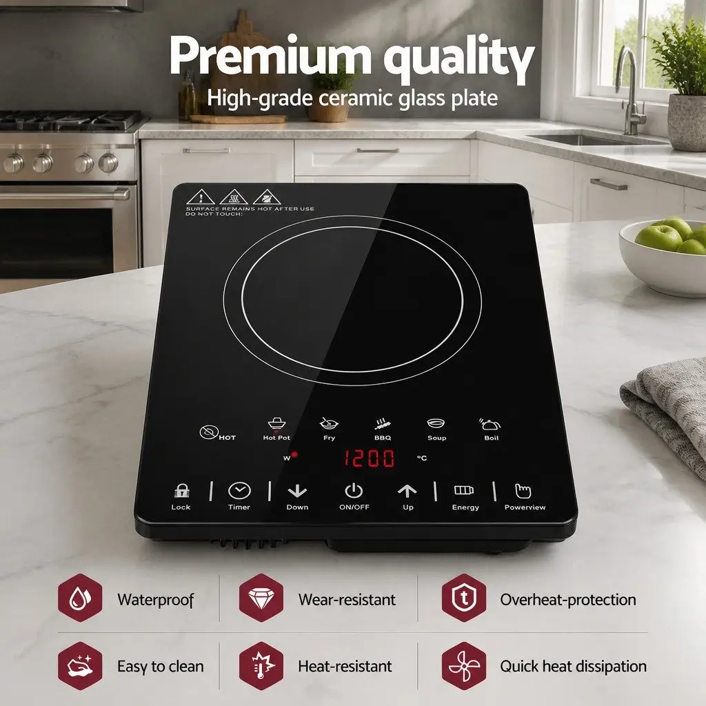 Electric Ceramic Cooktop Black 30cm Single Burner Touch Control Timer Function