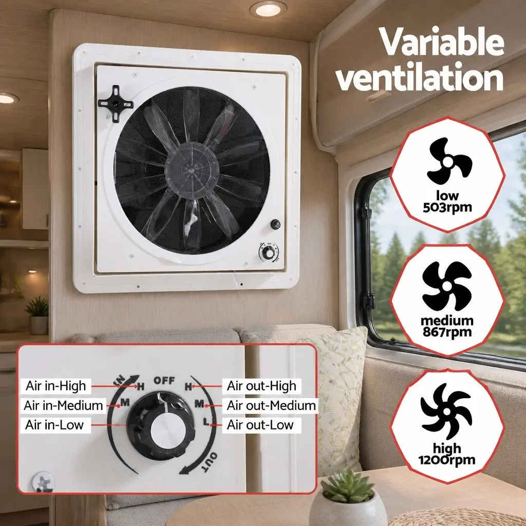 Caravan Air Vent Roof Hatch White 12V Reversible Fan 50 Degree Wide Angle Opening