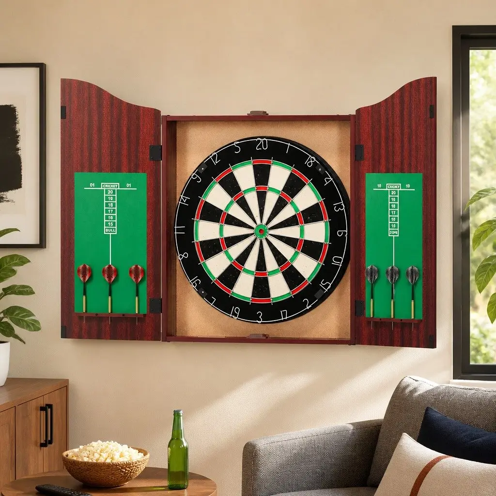Dartboard Cabinet Brown 18 Inch Wall Mount with Integrated Dart Storage and 6 Steel Darts