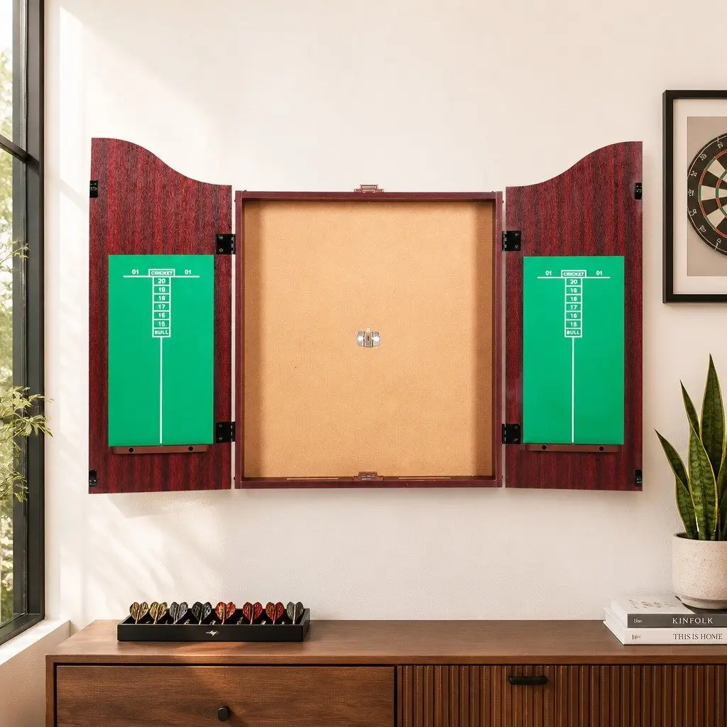 Dartboard Cabinet Brown 18 Inch Wall Mount with Integrated Dart Storage and 6 Steel Darts