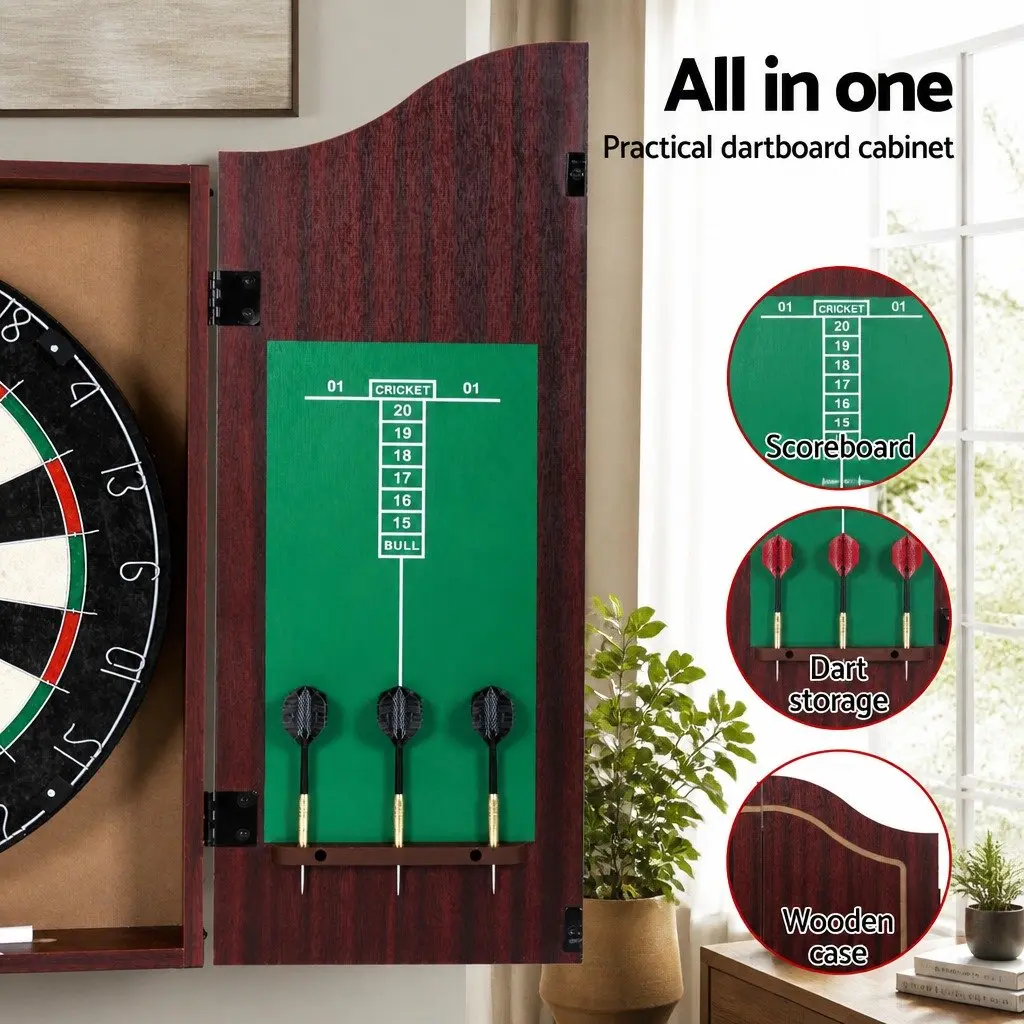 Dartboard Cabinet Brown 18 Inch Wall Mount with Integrated Dart Storage and 6 Steel Darts