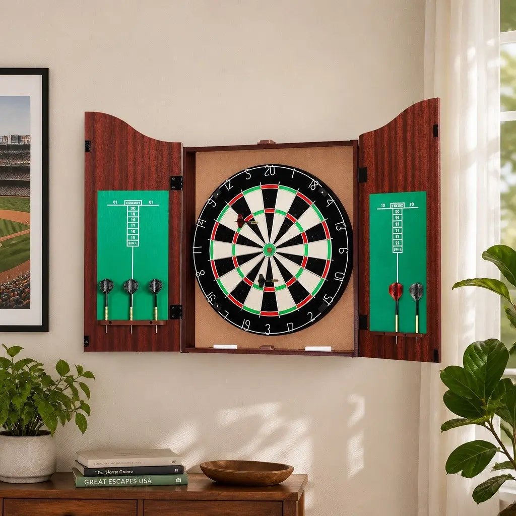 Dartboard Cabinet Brown 18 Inch Wall Mount with Integrated Dart Storage and 6 Steel Darts