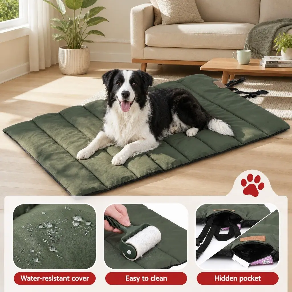 Outdoor Dog Bed Green Black Large Water-Resistant Washable Foldable Travel Mat