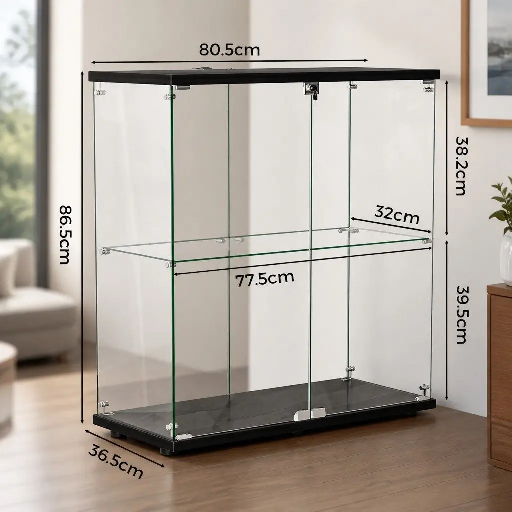 Glass Display Cabinet Black 2 Tier Lockable Tempered Glass Shelves