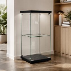 Glass Display Cabinet 2 Tier Storage Tempered Glass Shelves Lock Door Black
